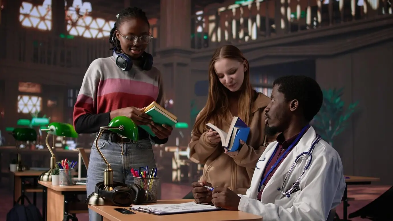 Разнообразная группа учеников в библиотеке беседует с врачом-ординатором.